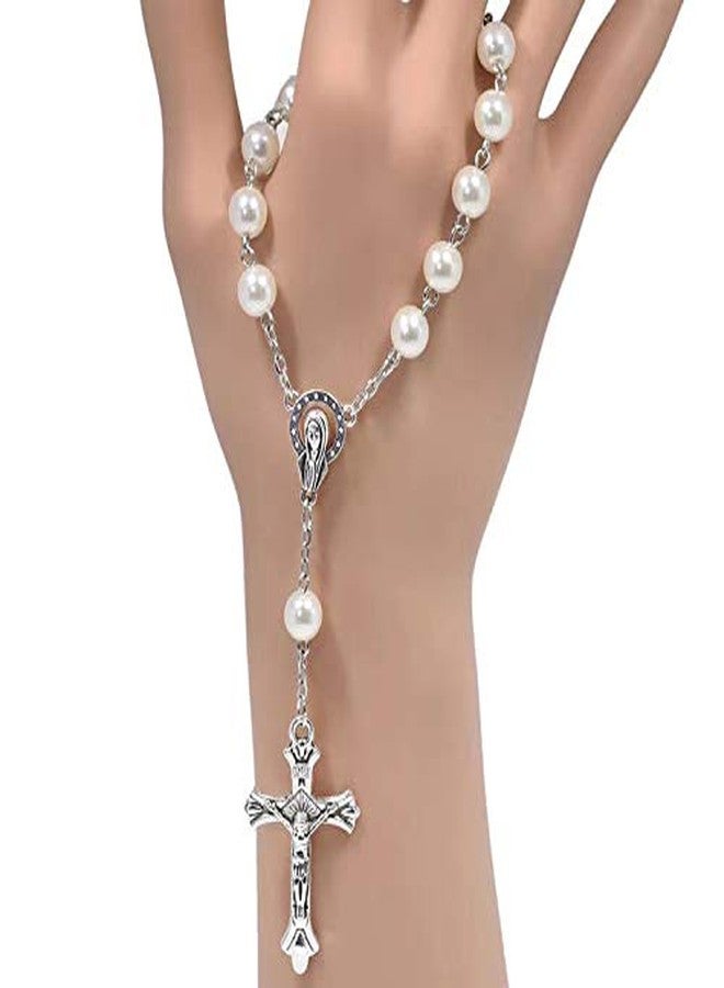 JUXINGDAZYF JUXINDA 12 قطعة مسبحة صغيرة بلون العاج مع خرز أكريليك مطلي بالفضة للتعميد/تذكارات التعميد/هدايا التعميد/المناسبات/عشر سنوات/مسبحة الأصابع (لؤلؤة عاجية) - Image 3